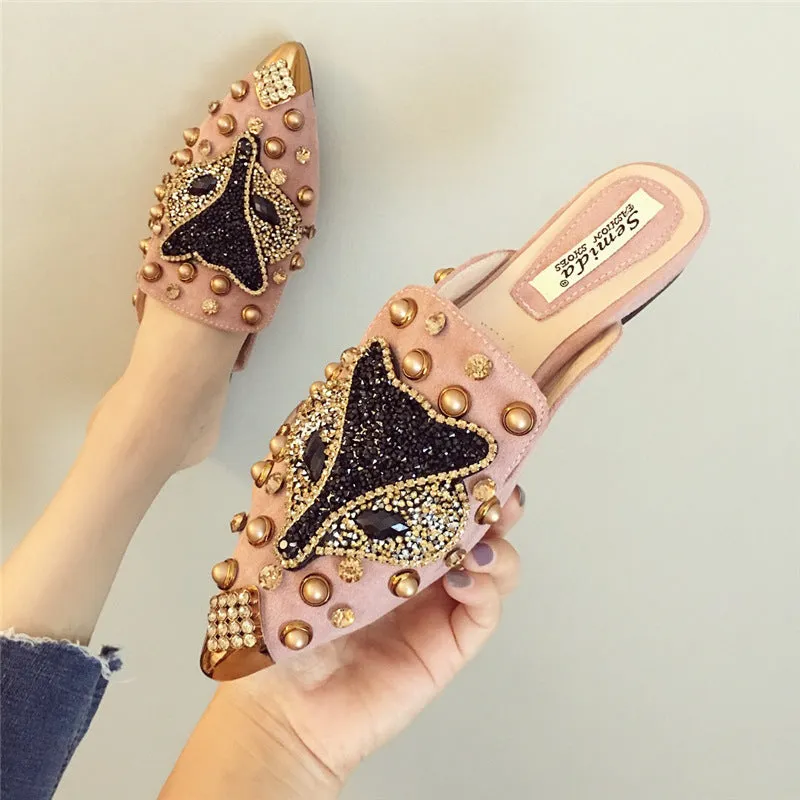 Joker Rhinestone Pointed Flat-bottomed  Slippers