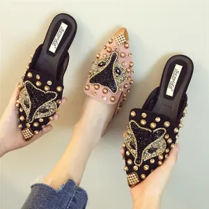Joker Rhinestone Pointed Flat-bottomed  Slippers