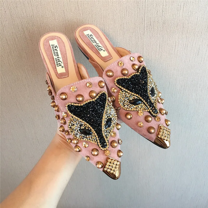 Joker Rhinestone Pointed Flat-bottomed  Slippers
