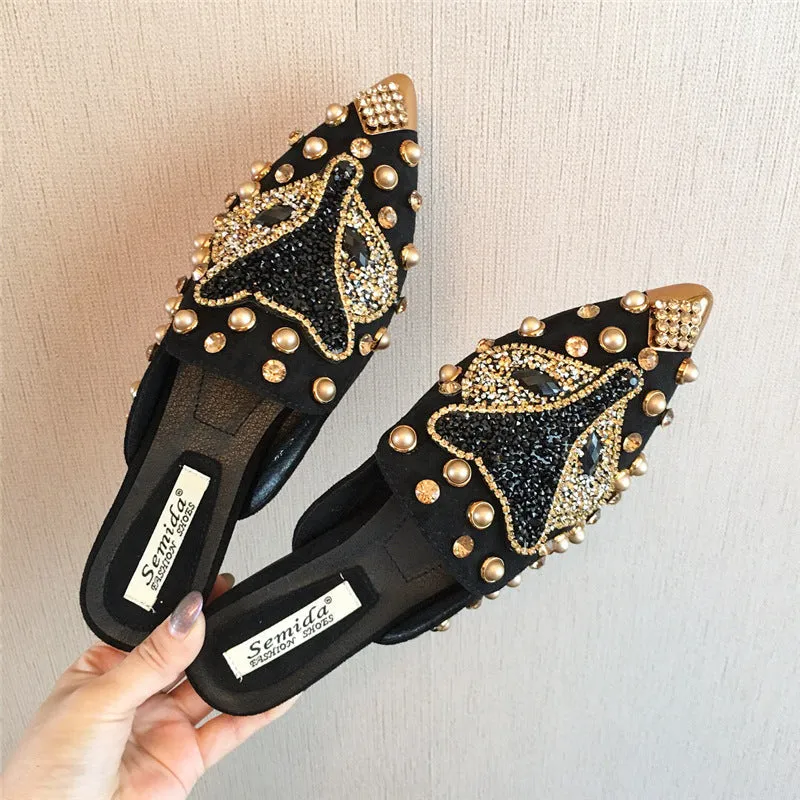 Joker Rhinestone Pointed Flat-bottomed  Slippers