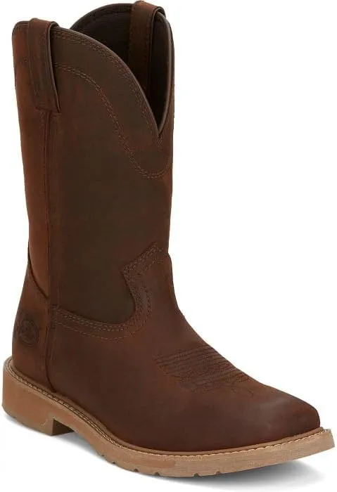 Justin Buster II 11" Work Boots for Men - Pull-On, Rugged Square Toe Water Buffalo Leather Upper with Oil- and Slip-Resistant Rubber Outsole, EH Rated