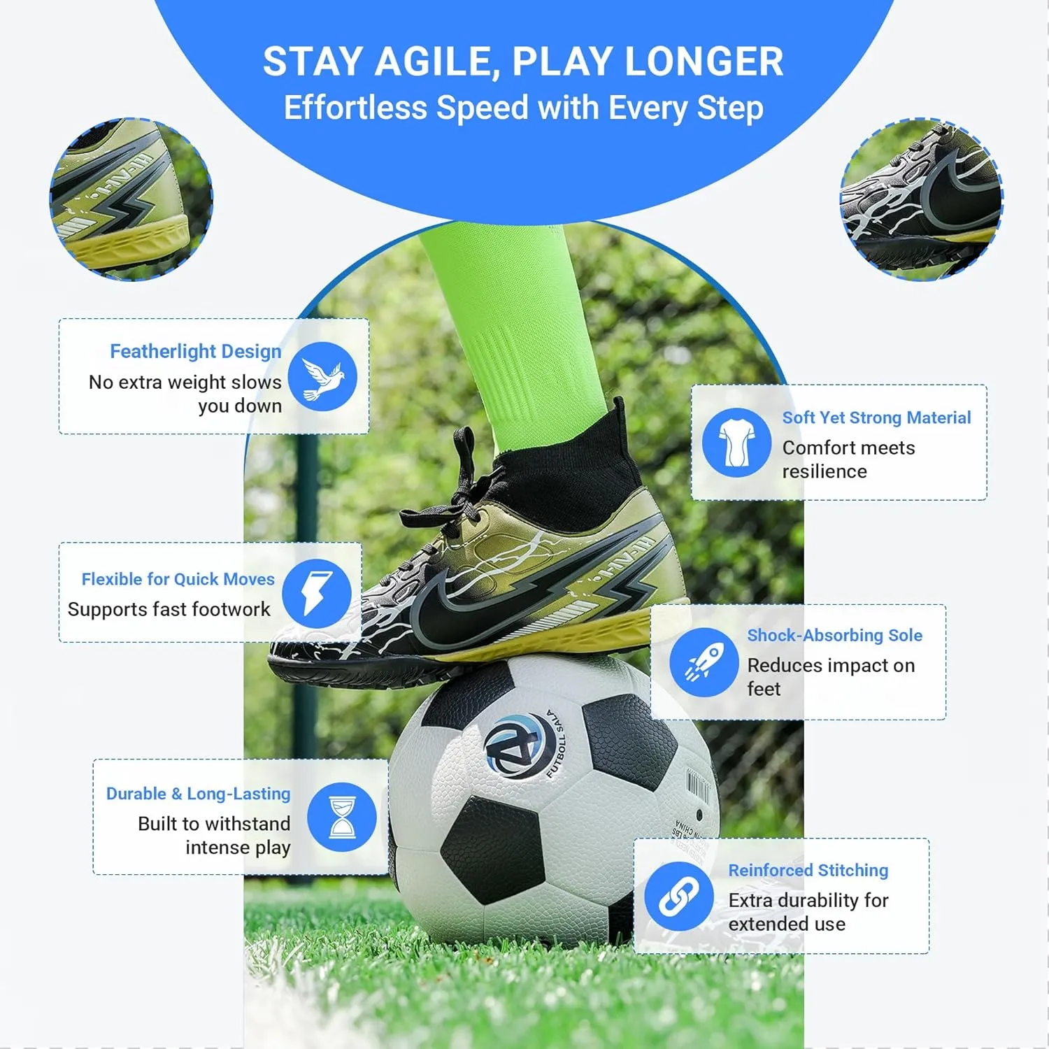 Kids Indoor Soccer Shoes - Non-Slip Lace-Up Cleats for Boys & Girls, Lightweight Athletic Shoes for Indoor Sports
