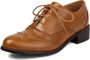 KiutSymo Womens Oxfords Wingtip Low Chunky Heel Leather Round Toe Lace Up Vintage Brogue Oxford Shoes Work Office Casual