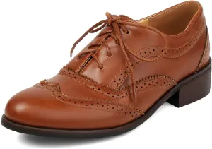 KiutSymo Womens Oxfords Wingtip Low Chunky Heel Leather Round Toe Lace Up Vintage Brogue Oxford Shoes Work Office Casual