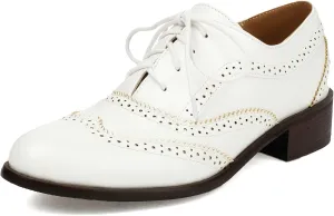 KiutSymo Womens Oxfords Wingtip Low Chunky Heel Leather Round Toe Lace Up Vintage Brogue Oxford Shoes Work Office Casual