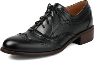 KiutSymo Womens Oxfords Wingtip Low Chunky Heel Leather Round Toe Lace Up Vintage Brogue Oxford Shoes Work Office Casual