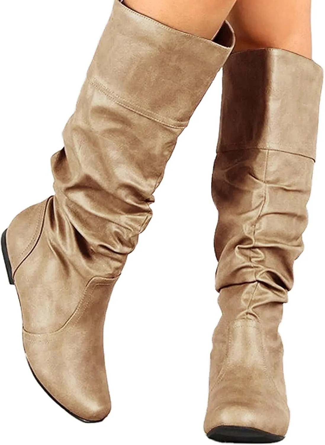 Knee High Boots for Women Slouchy Wide Knee Length Boots Ladies Classic Fashion Ruched Leather Booties Pull On Almond Toe Chunky Heel Mid-Calf Boots Flat Boots Knight Booties