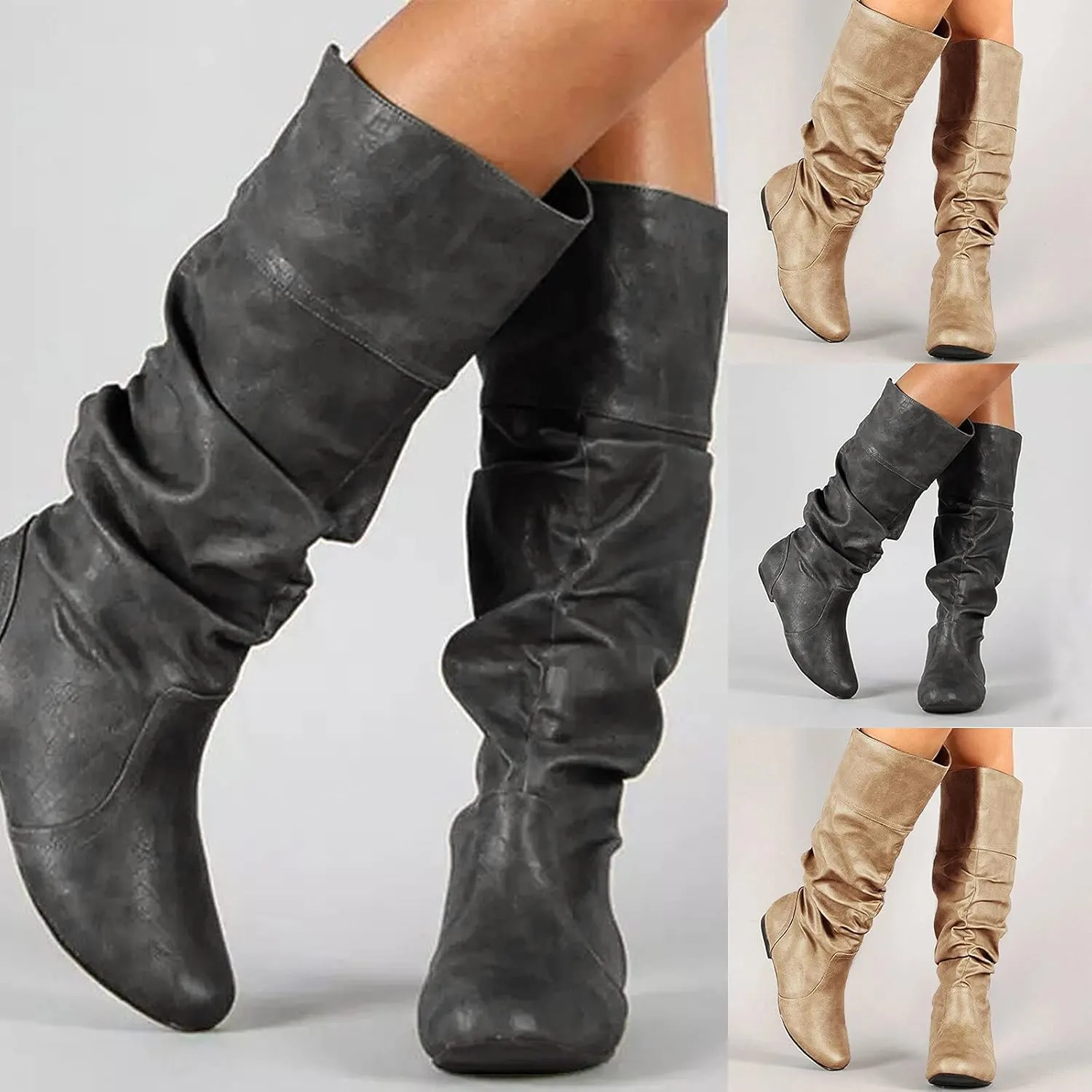Knee High Boots for Women Slouchy Wide Knee Length Boots Ladies Classic Fashion Ruched Leather Booties Pull On Almond Toe Chunky Heel Mid-Calf Boots Flat Boots Knight Booties