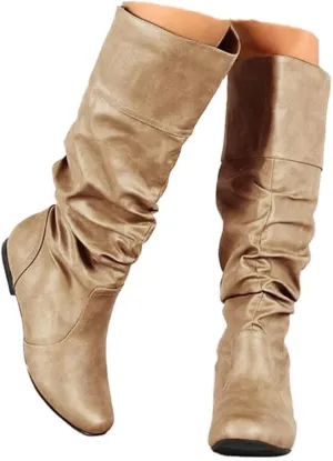 Knee High Boots for Women Slouchy Wide Knee Length Boots Ladies Classic Fashion Ruched Leather Booties Pull On Almond Toe Chunky Heel Mid-Calf Boots Flat Boots Knight Booties