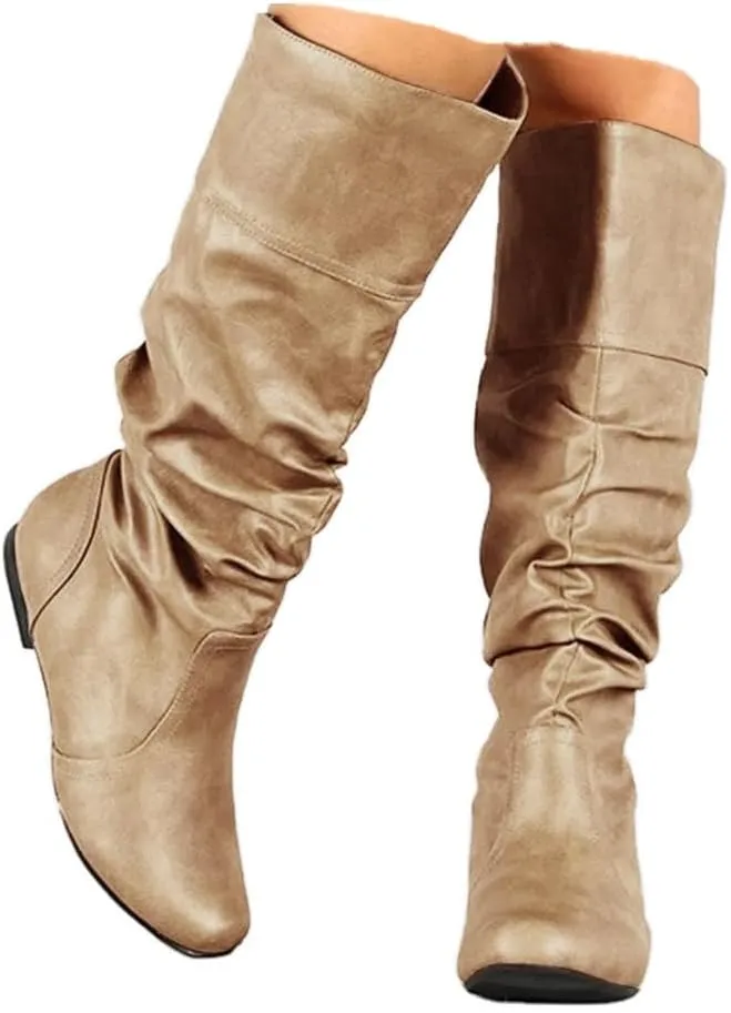 Knee High Boots for Women Slouchy Wide Knee Length Boots Ladies Classic Fashion Ruched Leather Booties Pull On Almond Toe Chunky Heel Mid-Calf Boots Flat Boots Knight Booties