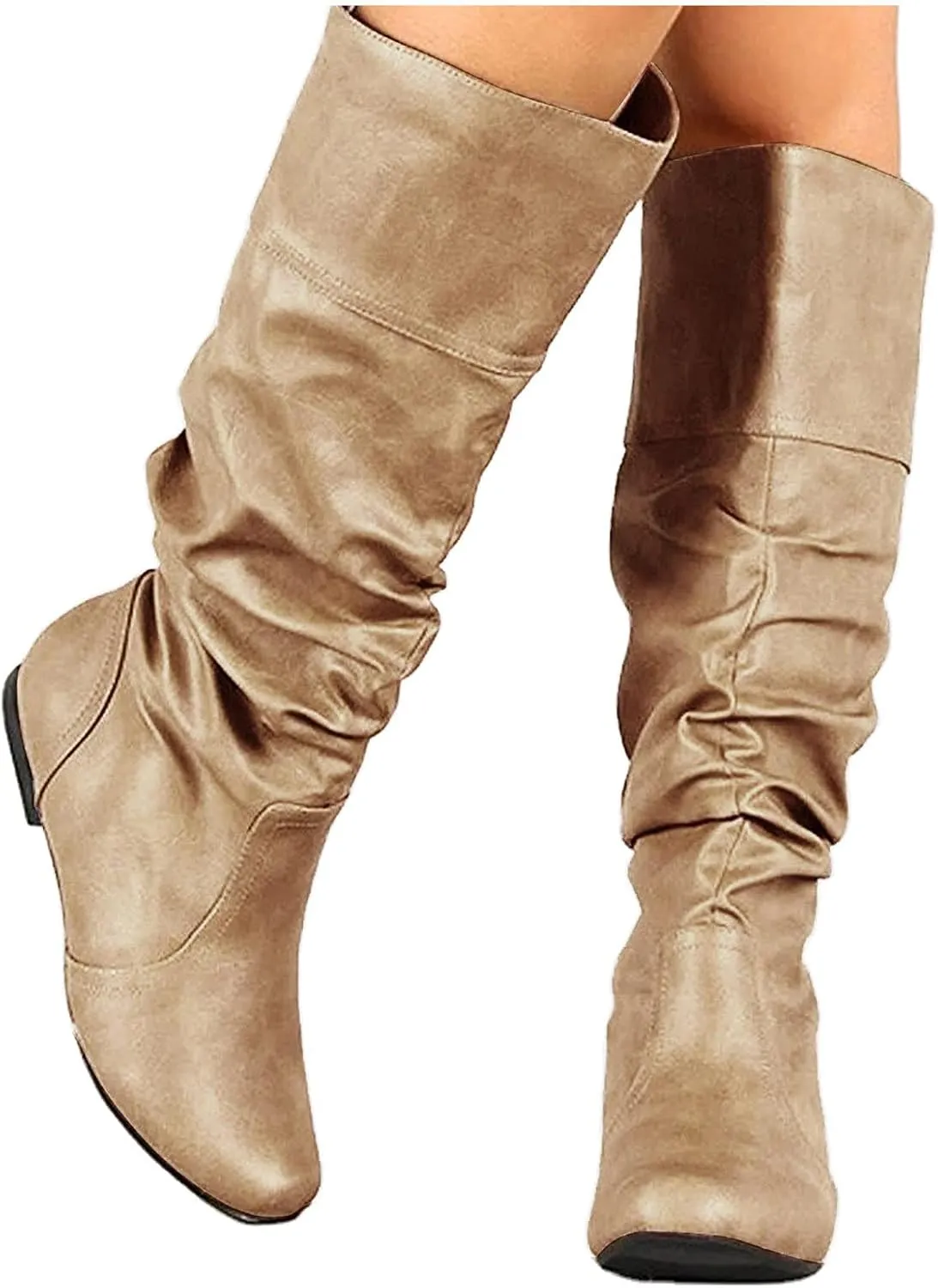Knee High Boots for Women Slouchy Wide Knee Length Boots Ladies Classic Fashion Ruched Leather Booties Pull On Almond Toe Chunky Heel Mid-Calf Boots Flat Boots Knight Booties