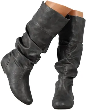 Knee High Boots for Women Slouchy Wide Knee Length Boots Ladies Classic Fashion Ruched Leather Booties Pull On Almond Toe Chunky Heel Mid-Calf Boots Flat Boots Knight Booties