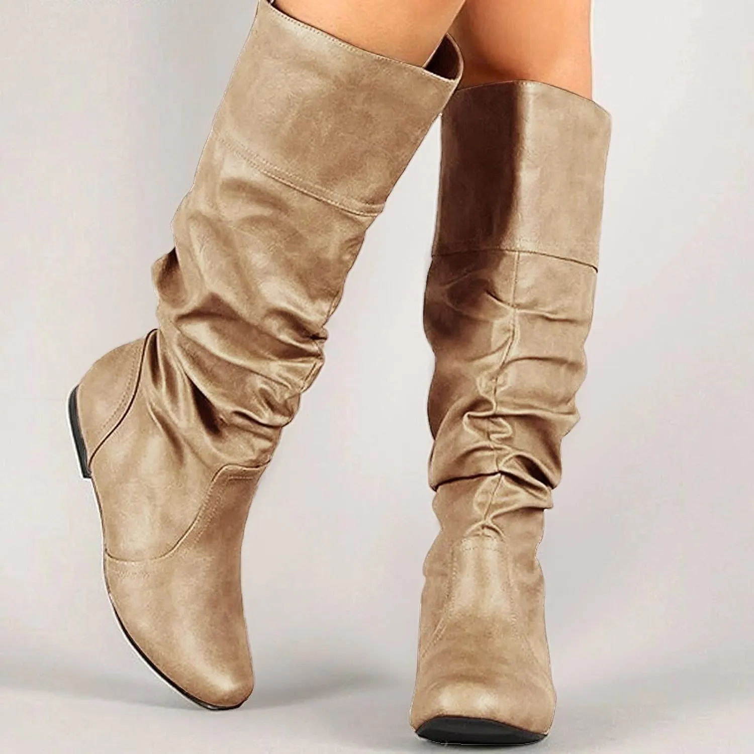 Knee High Boots for Women Slouchy Wide Knee Length Boots Ladies Classic Fashion Ruched Leather Booties Pull On Almond Toe Chunky Heel Mid-Calf Boots Flat Boots Knight Booties