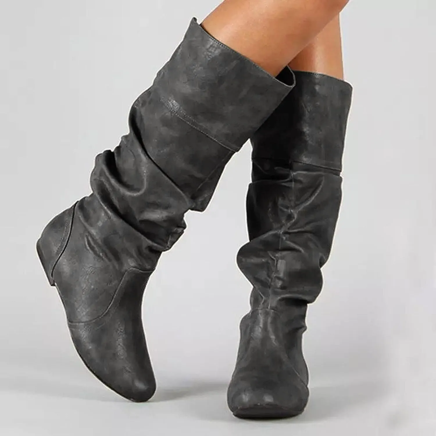 Knee High Boots for Women Slouchy Wide Knee Length Boots Ladies Classic Fashion Ruched Leather Booties Pull On Almond Toe Chunky Heel Mid-Calf Boots Flat Boots Knight Booties