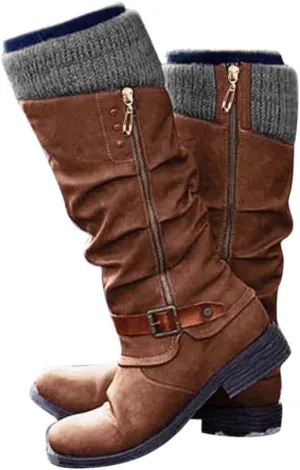 Knee High Boots for Women - Women's Tall Knee High Fashion Riding Boots with Buckle Accent Round Toe Chunky Block Low Heels Mid Calf Boots Patchwork Leather Boots Side Zipper Winter Shoes