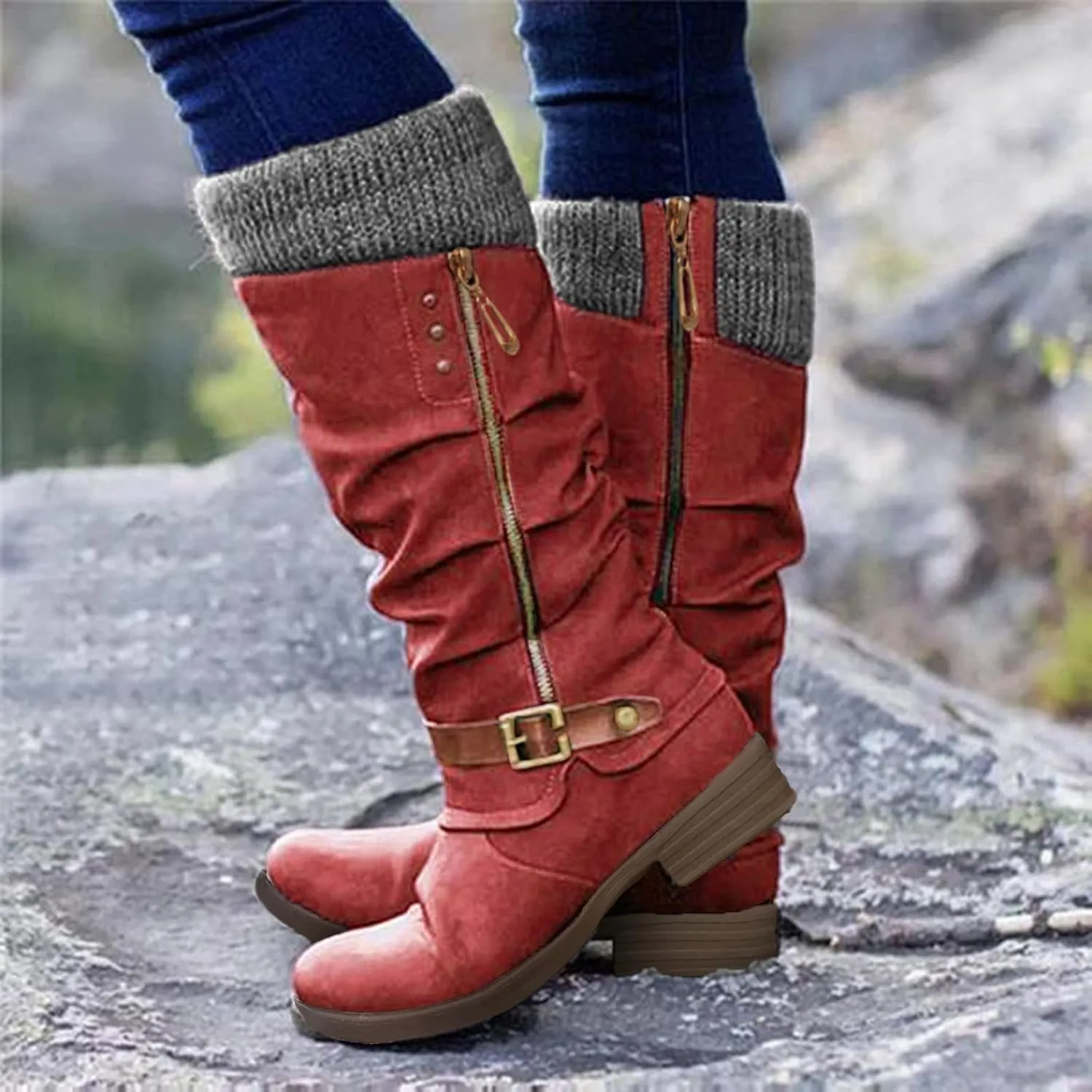 Knee High Boots for Women - Women's Tall Knee High Fashion Riding Boots with Buckle Accent Round Toe Chunky Block Low Heels Mid Calf Boots Patchwork Leather Boots Side Zipper Winter Shoes