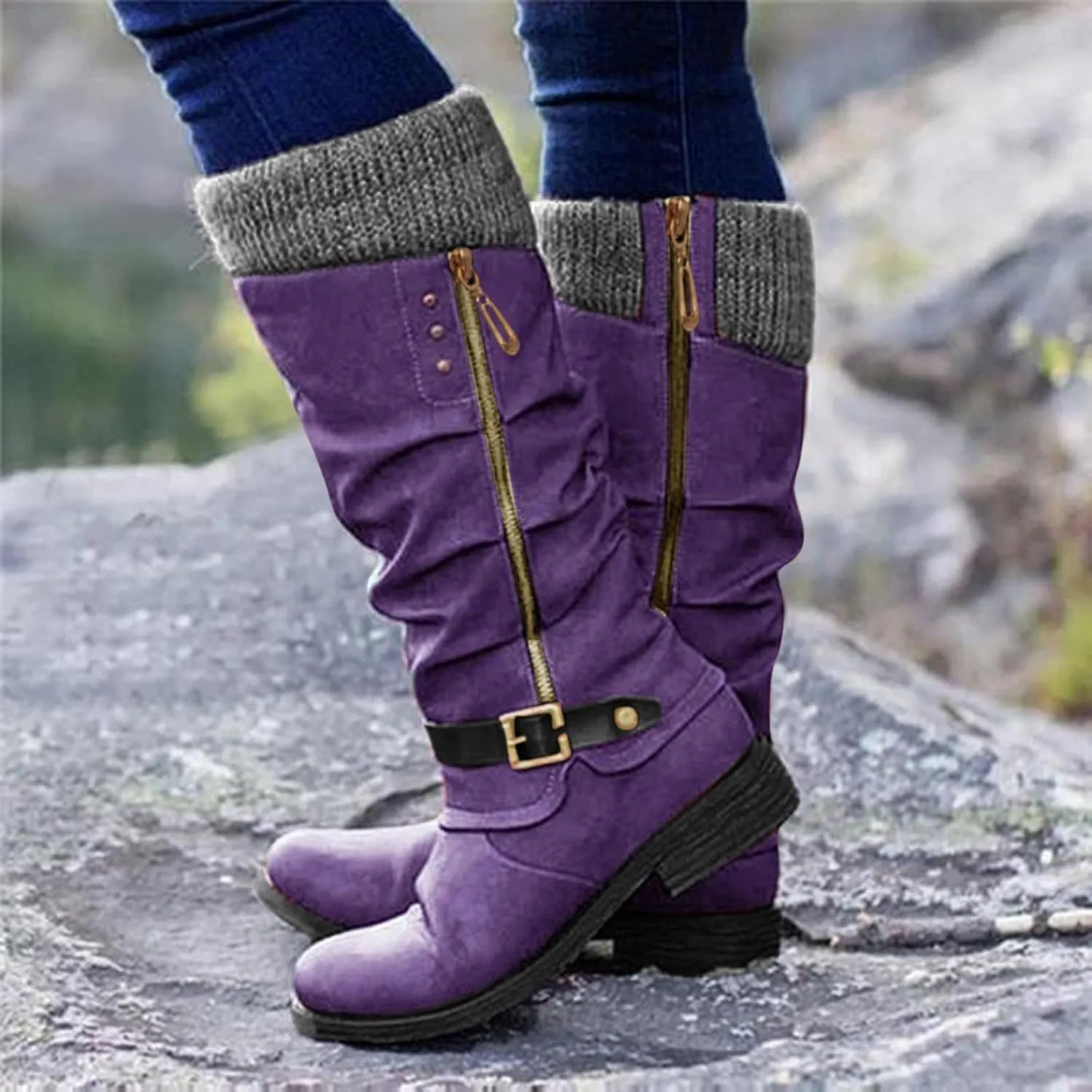 Knee High Boots for Women - Women's Tall Knee High Fashion Riding Boots with Buckle Accent Round Toe Chunky Block Low Heels Mid Calf Boots Patchwork Leather Boots Side Zipper Winter Shoes