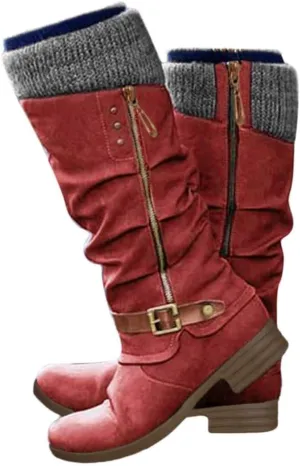 Knee High Boots for Women - Women's Tall Knee High Fashion Riding Boots with Buckle Accent Round Toe Chunky Block Low Heels Mid Calf Boots Patchwork Leather Boots Side Zipper Winter Shoes