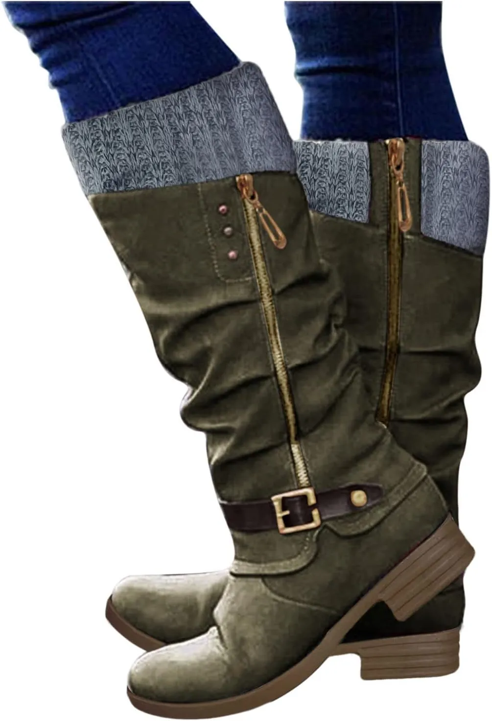 Knee High Boots for Women - Women's Tall Knee High Fashion Riding Boots with Buckle Accent Round Toe Chunky Block Low Heels Mid Calf Boots Patchwork Leather Boots Side Zipper Winter Shoes