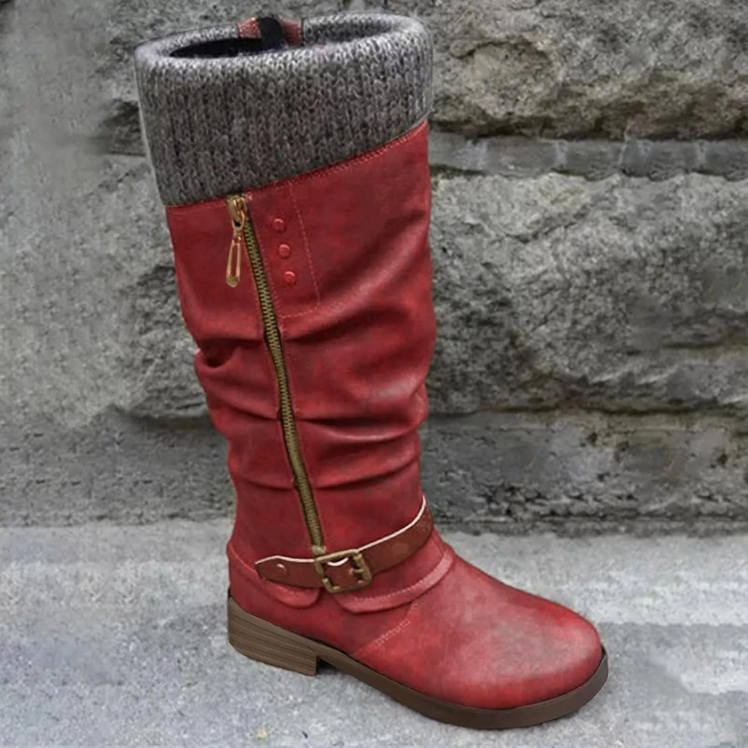 Knee High Boots for Women - Women's Tall Knee High Fashion Riding Boots with Buckle Accent Round Toe Chunky Block Low Heels Mid Calf Boots Patchwork Leather Boots Side Zipper Winter Shoes