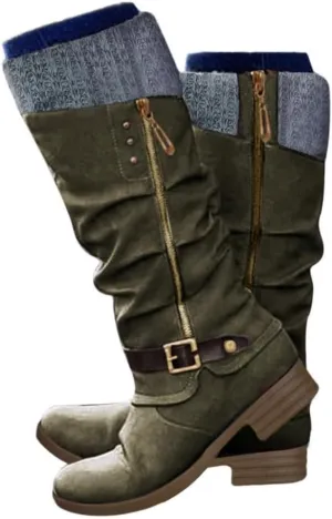 Knee High Boots for Women - Women's Tall Knee High Fashion Riding Boots with Buckle Accent Round Toe Chunky Block Low Heels Mid Calf Boots Patchwork Leather Boots Side Zipper Winter Shoes
