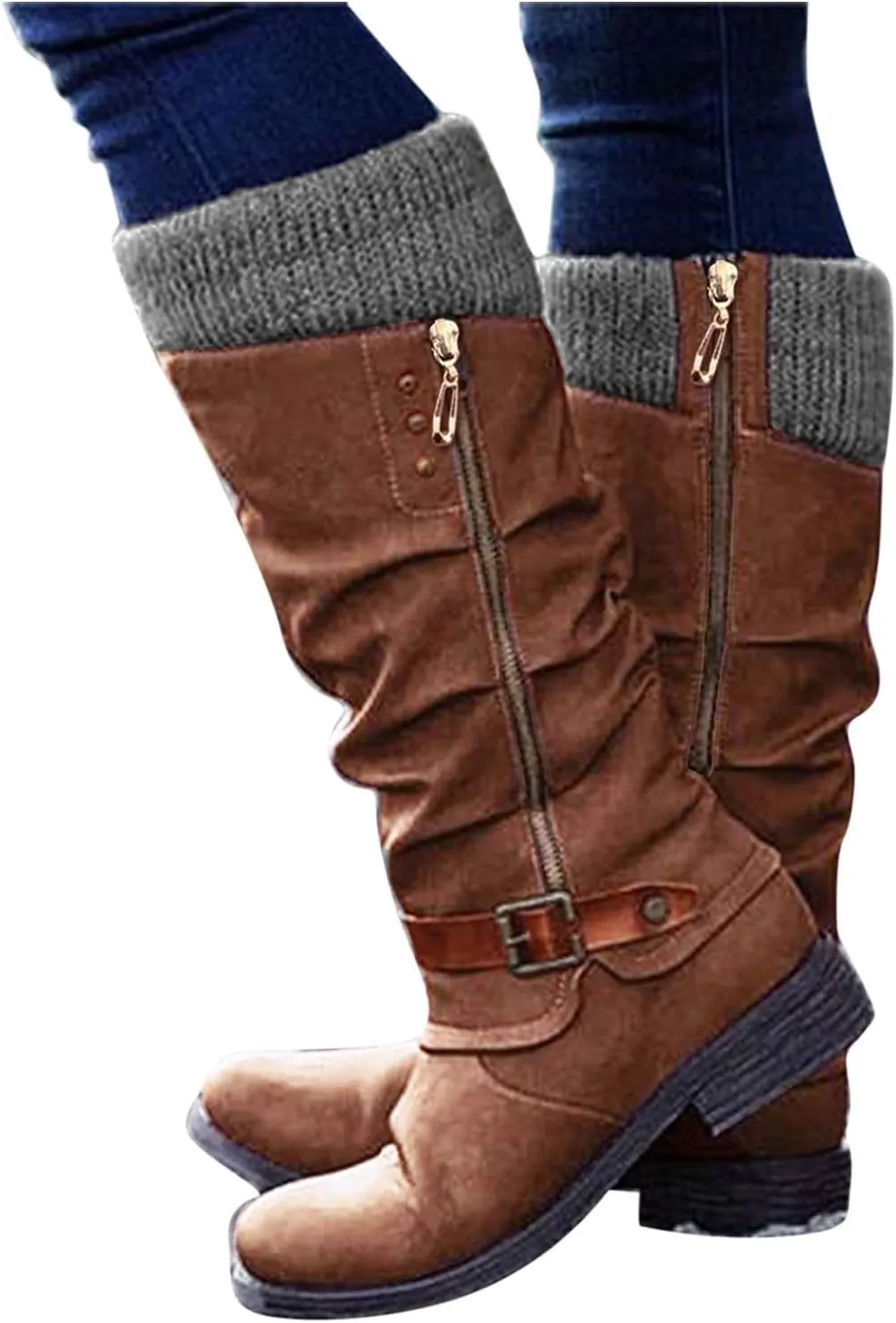 Knee High Boots for Women - Women's Tall Knee High Fashion Riding Boots with Buckle Accent Round Toe Chunky Block Low Heels Mid Calf Boots Patchwork Leather Boots Side Zipper Winter Shoes