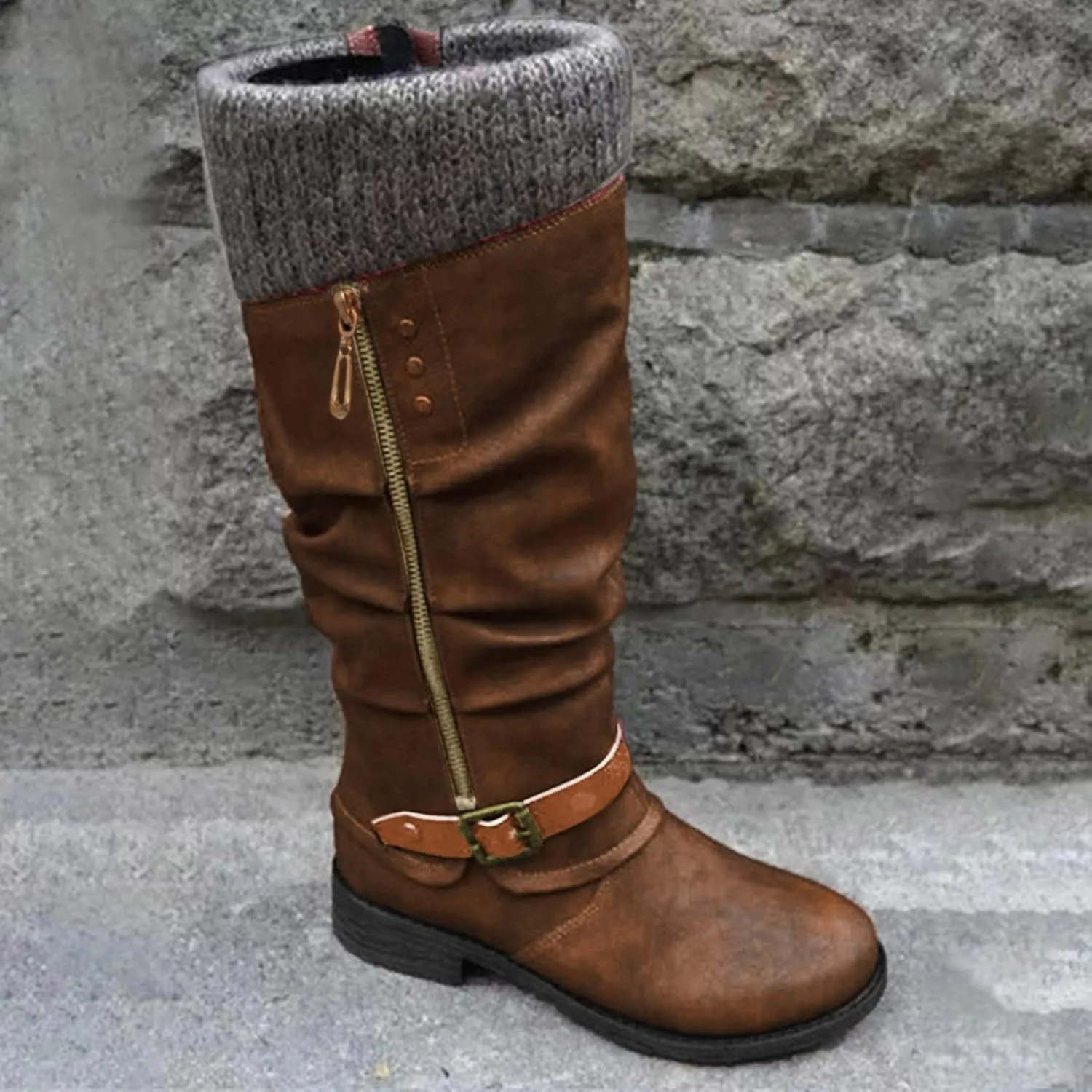 Knee High Boots for Women - Women's Tall Knee High Fashion Riding Boots with Buckle Accent Round Toe Chunky Block Low Heels Mid Calf Boots Patchwork Leather Boots Side Zipper Winter Shoes