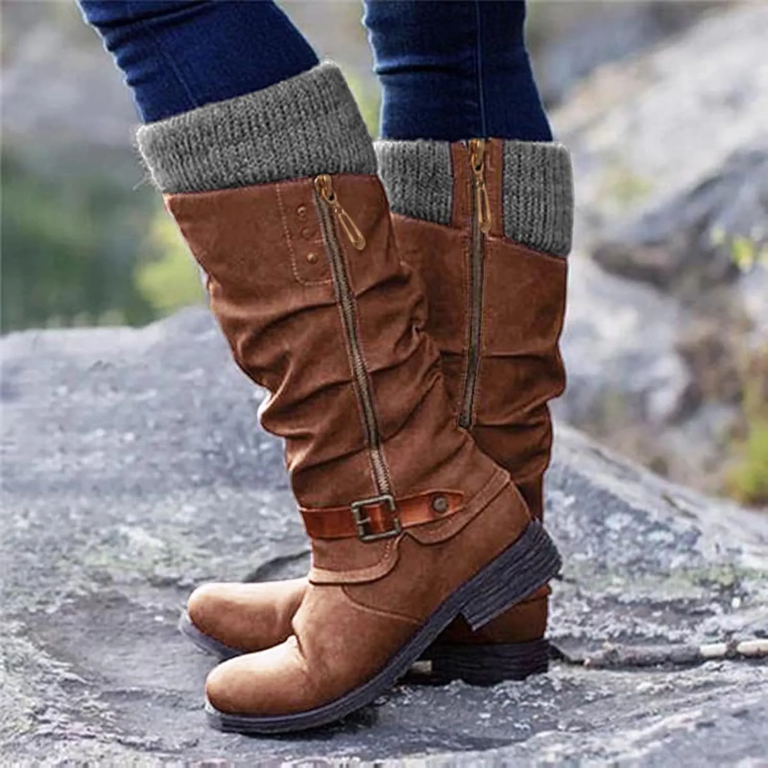 Knee High Boots for Women - Women's Tall Knee High Fashion Riding Boots with Buckle Accent Round Toe Chunky Block Low Heels Mid Calf Boots Patchwork Leather Boots Side Zipper Winter Shoes