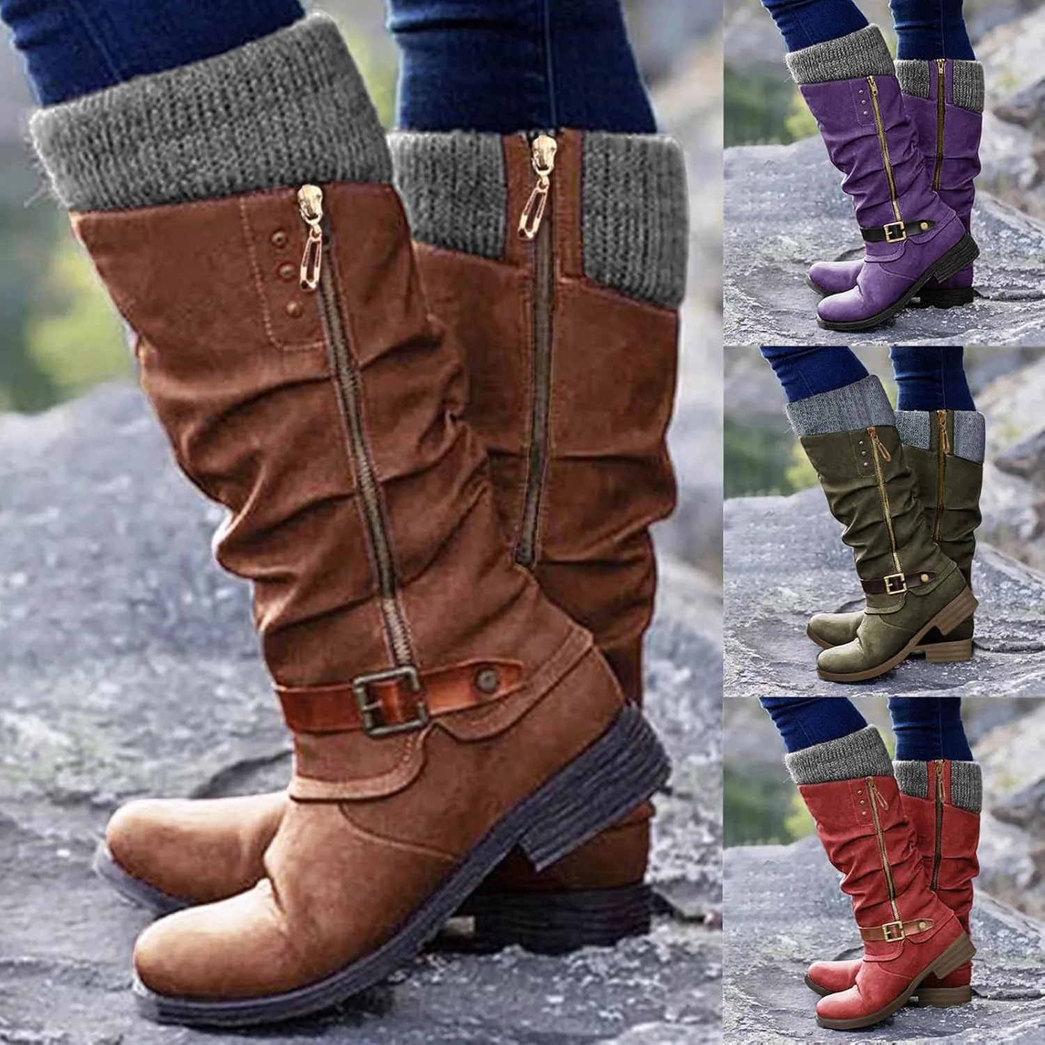 Knee High Boots for Women - Women's Tall Knee High Fashion Riding Boots with Buckle Accent Round Toe Chunky Block Low Heels Mid Calf Boots Patchwork Leather Boots Side Zipper Winter Shoes
