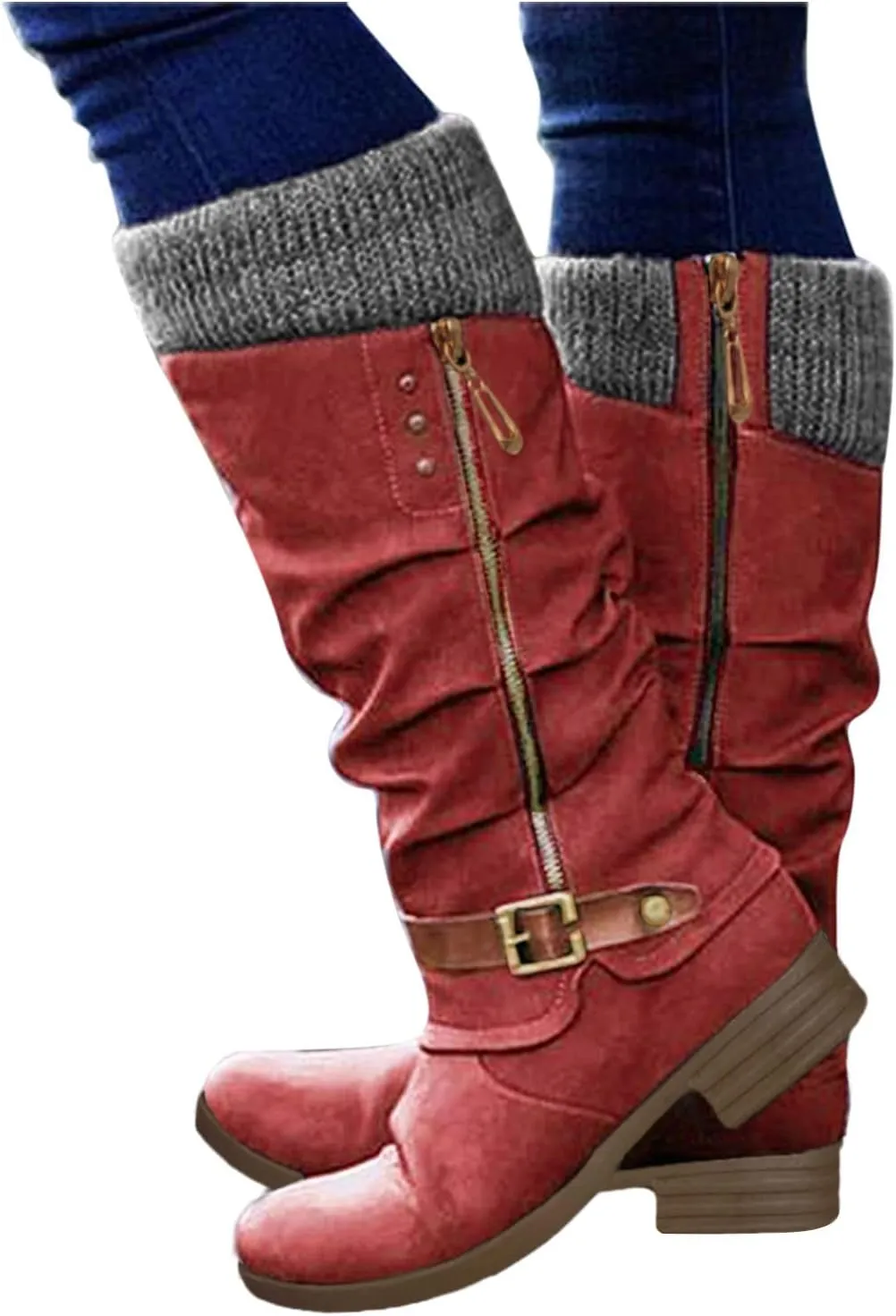 Knee High Boots for Women - Women's Tall Knee High Fashion Riding Boots with Buckle Accent Round Toe Chunky Block Low Heels Mid Calf Boots Patchwork Leather Boots Side Zipper Winter Shoes
