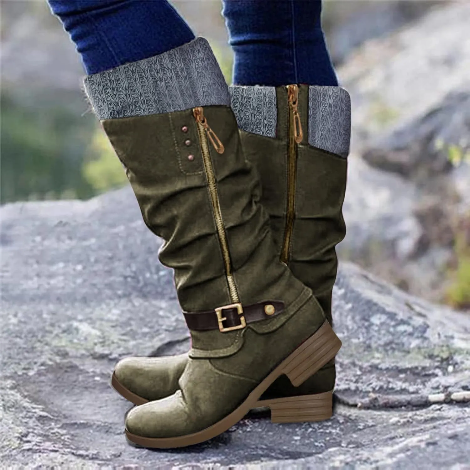 Knee High Boots for Women - Women's Tall Knee High Fashion Riding Boots with Buckle Accent Round Toe Chunky Block Low Heels Mid Calf Boots Patchwork Leather Boots Side Zipper Winter Shoes