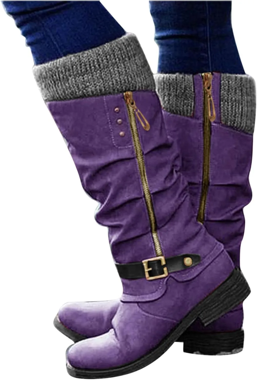 Knee High Boots for Women - Women's Tall Knee High Fashion Riding Boots with Buckle Accent Round Toe Chunky Block Low Heels Mid Calf Boots Patchwork Leather Boots Side Zipper Winter Shoes