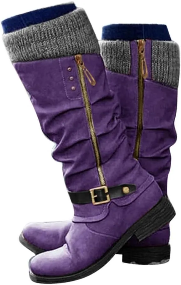 Knee High Boots for Women - Women's Tall Knee High Fashion Riding Boots with Buckle Accent Round Toe Chunky Block Low Heels Mid Calf Boots Patchwork Leather Boots Side Zipper Winter Shoes