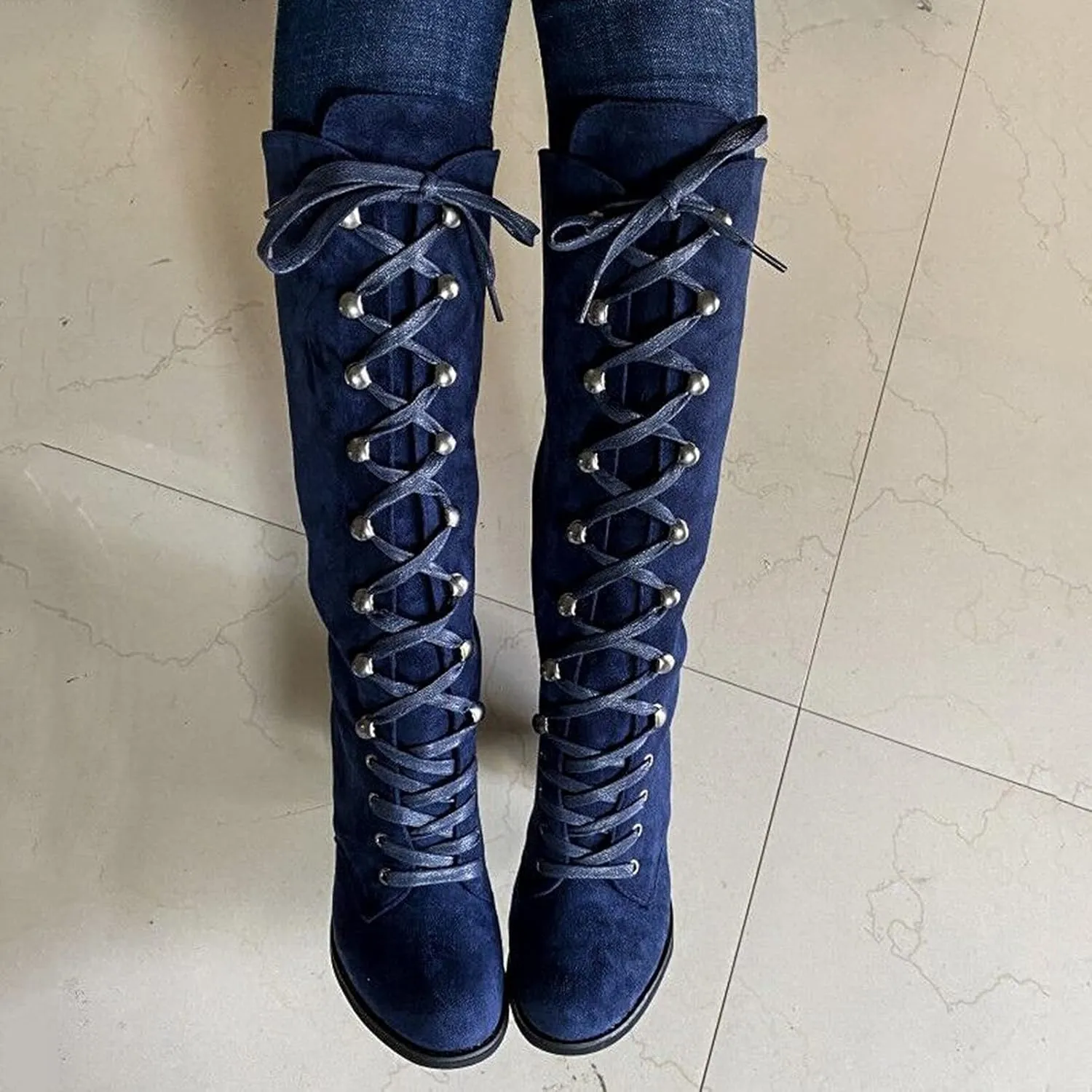 Knee High Boots Women Riding Boots for Women Lace Up Extra Wide Calf Boots Mid Chunky Heel Round Toe Booties Fashion Faux Suede Winter Boot Comfort Slouchy Bootie for Christmas Party Travel