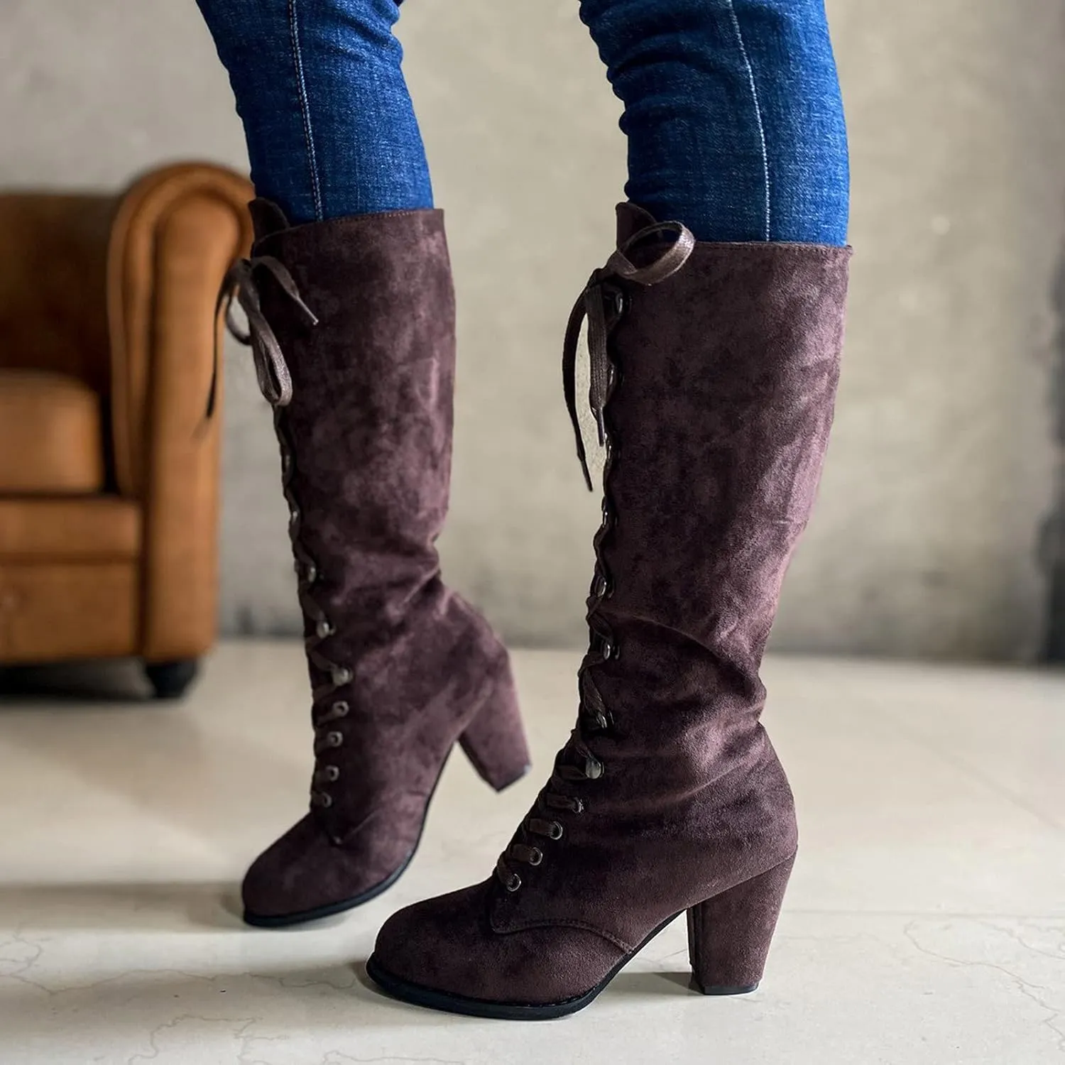 Knee High Boots Women Riding Boots for Women Lace Up Extra Wide Calf Boots Mid Chunky Heel Round Toe Booties Fashion Faux Suede Winter Boot Comfort Slouchy Bootie for Christmas Party Travel