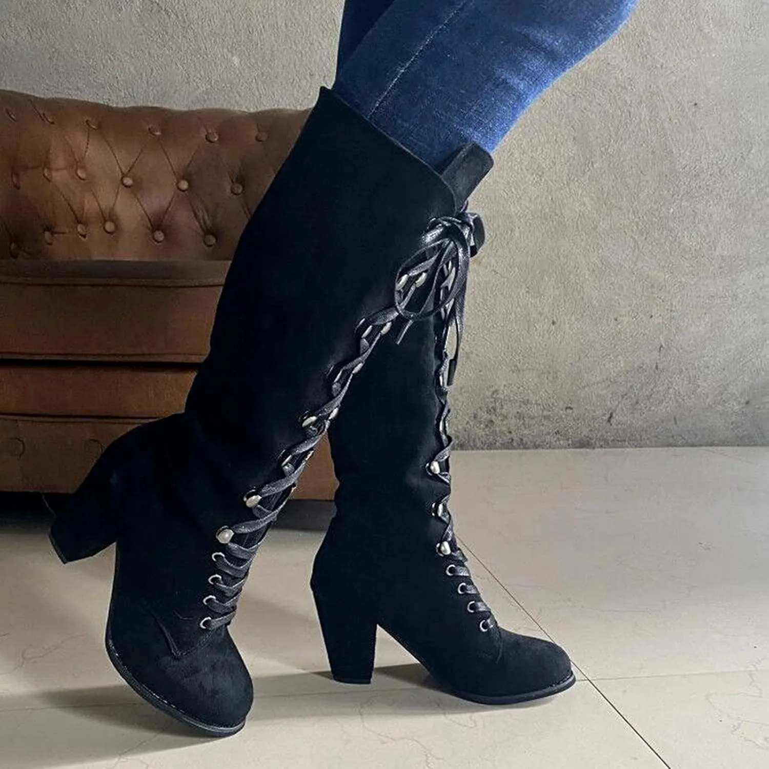 Knee High Boots Women Riding Boots for Women Lace Up Extra Wide Calf Boots Mid Chunky Heel Round Toe Booties Fashion Faux Suede Winter Boot Comfort Slouchy Bootie for Christmas Party Travel