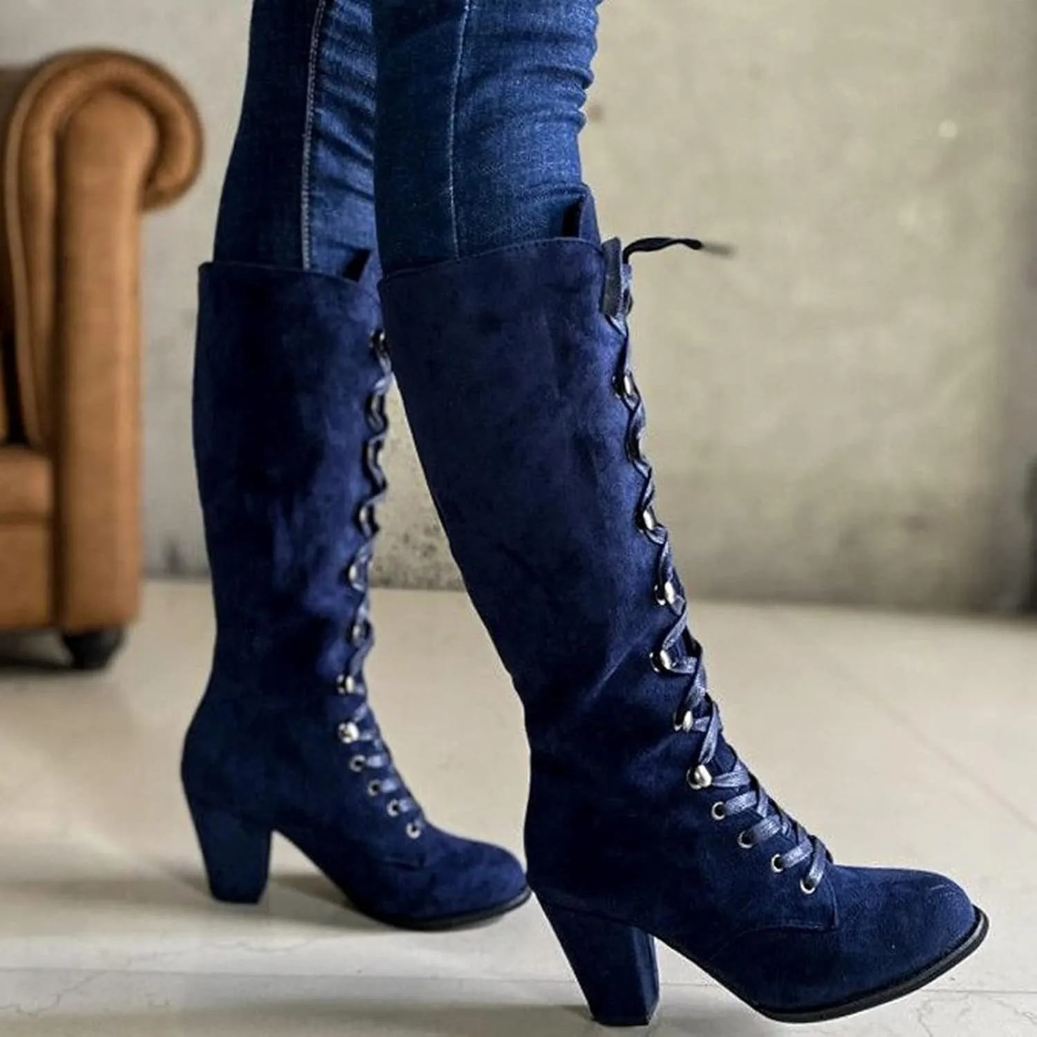 Knee High Boots Women Riding Boots for Women Lace Up Extra Wide Calf Boots Mid Chunky Heel Round Toe Booties Fashion Faux Suede Winter Boot Comfort Slouchy Bootie for Christmas Party Travel