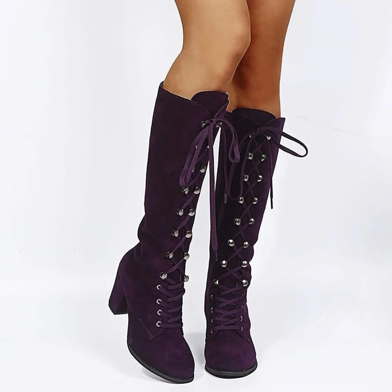 Knee High Boots Women Riding Boots for Women Lace Up Extra Wide Calf Boots Mid Chunky Heel Round Toe Booties Fashion Faux Suede Winter Boot Comfort Slouchy Bootie for Christmas Party Travel