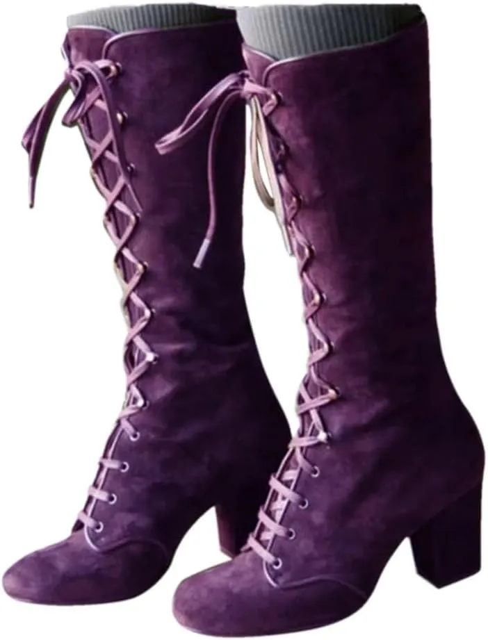 Knee High Boots Women Riding Boots for Women Lace Up Extra Wide Calf Boots Mid Chunky Heel Round Toe Booties Fashion Faux Suede Winter Boot Comfort Slouchy Bootie for Christmas Party Travel