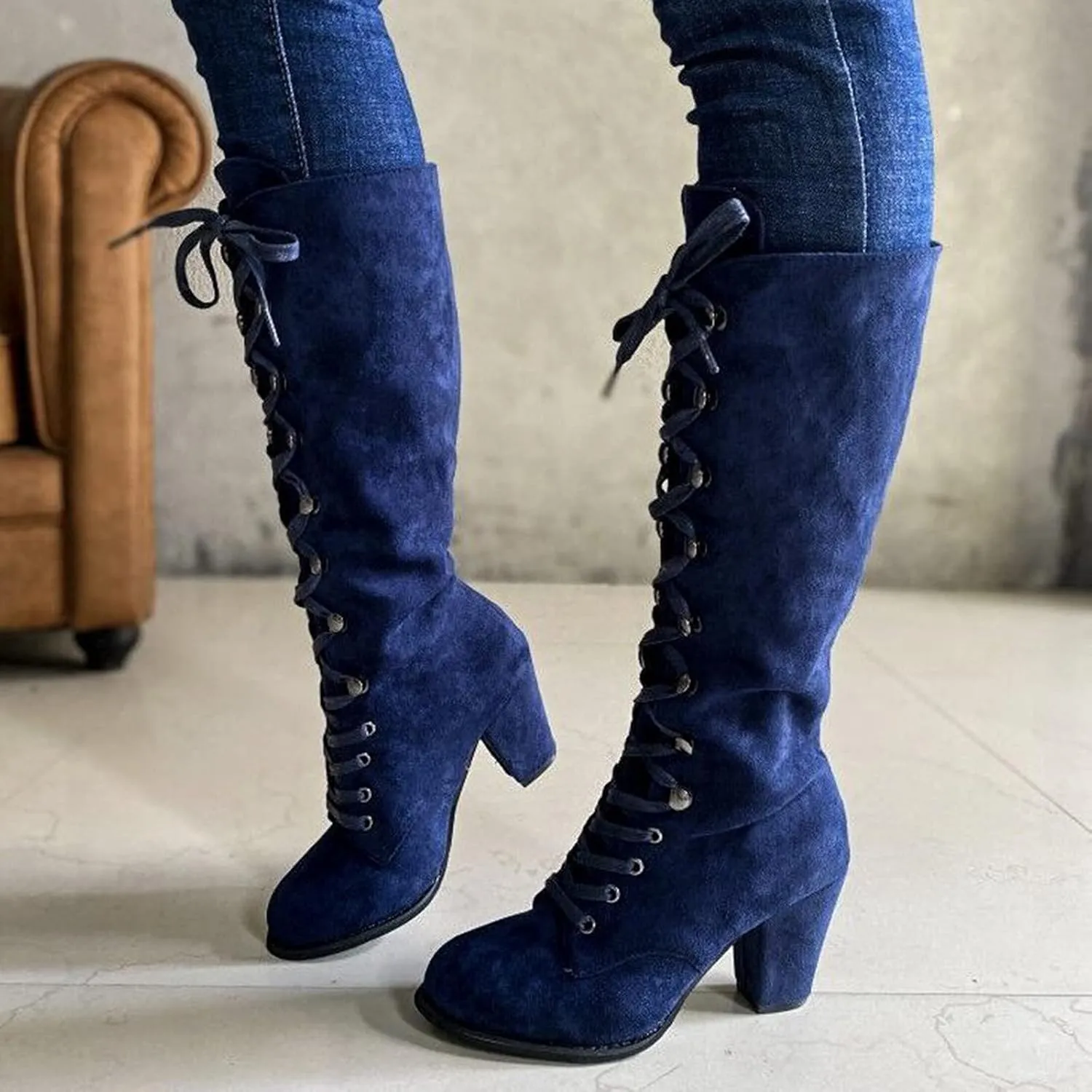 Knee High Boots Women Riding Boots for Women Lace Up Extra Wide Calf Boots Mid Chunky Heel Round Toe Booties Fashion Faux Suede Winter Boot Comfort Slouchy Bootie for Christmas Party Travel