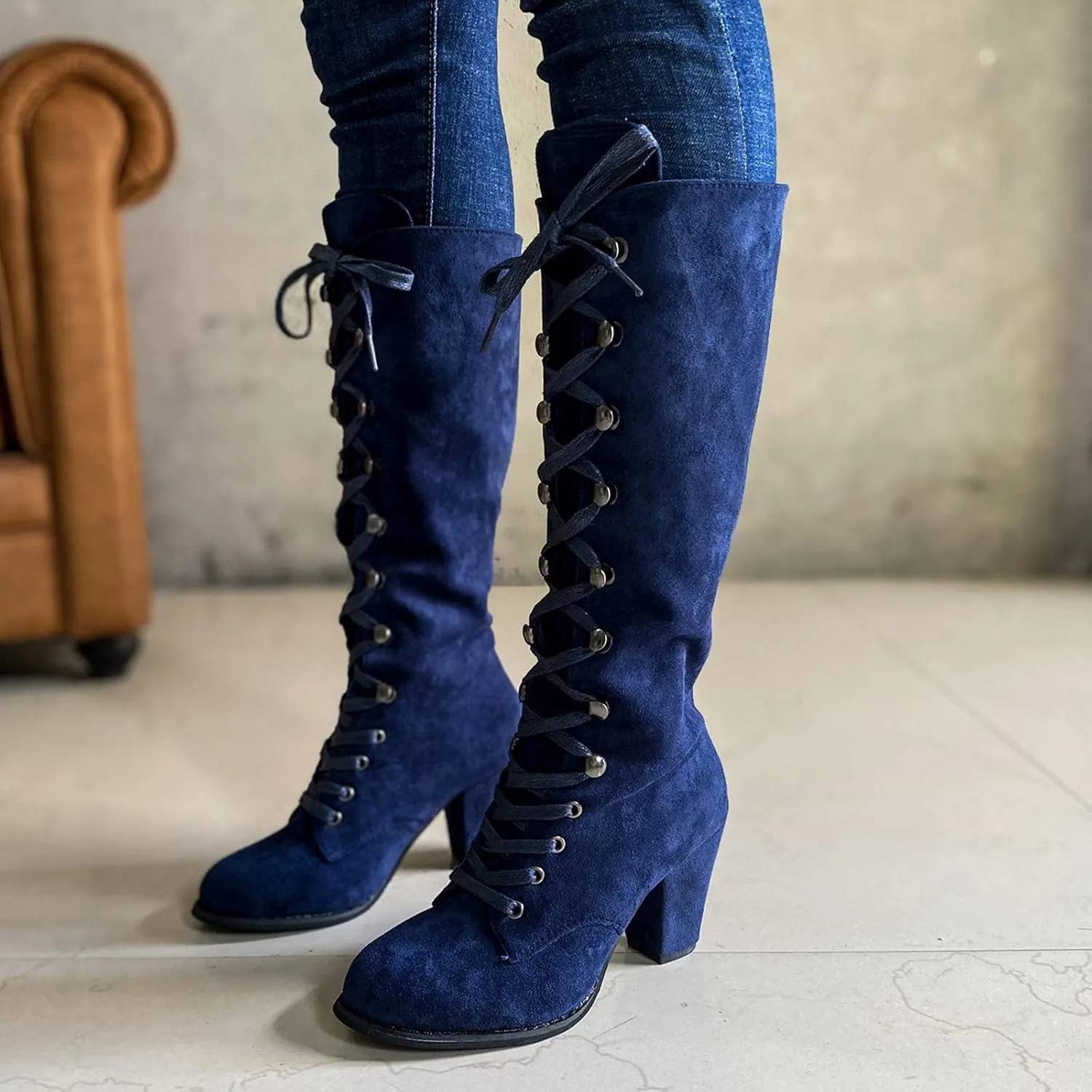 Knee High Boots Women Riding Boots for Women Lace Up Extra Wide Calf Boots Mid Chunky Heel Round Toe Booties Fashion Faux Suede Winter Boot Comfort Slouchy Bootie for Christmas Party Travel