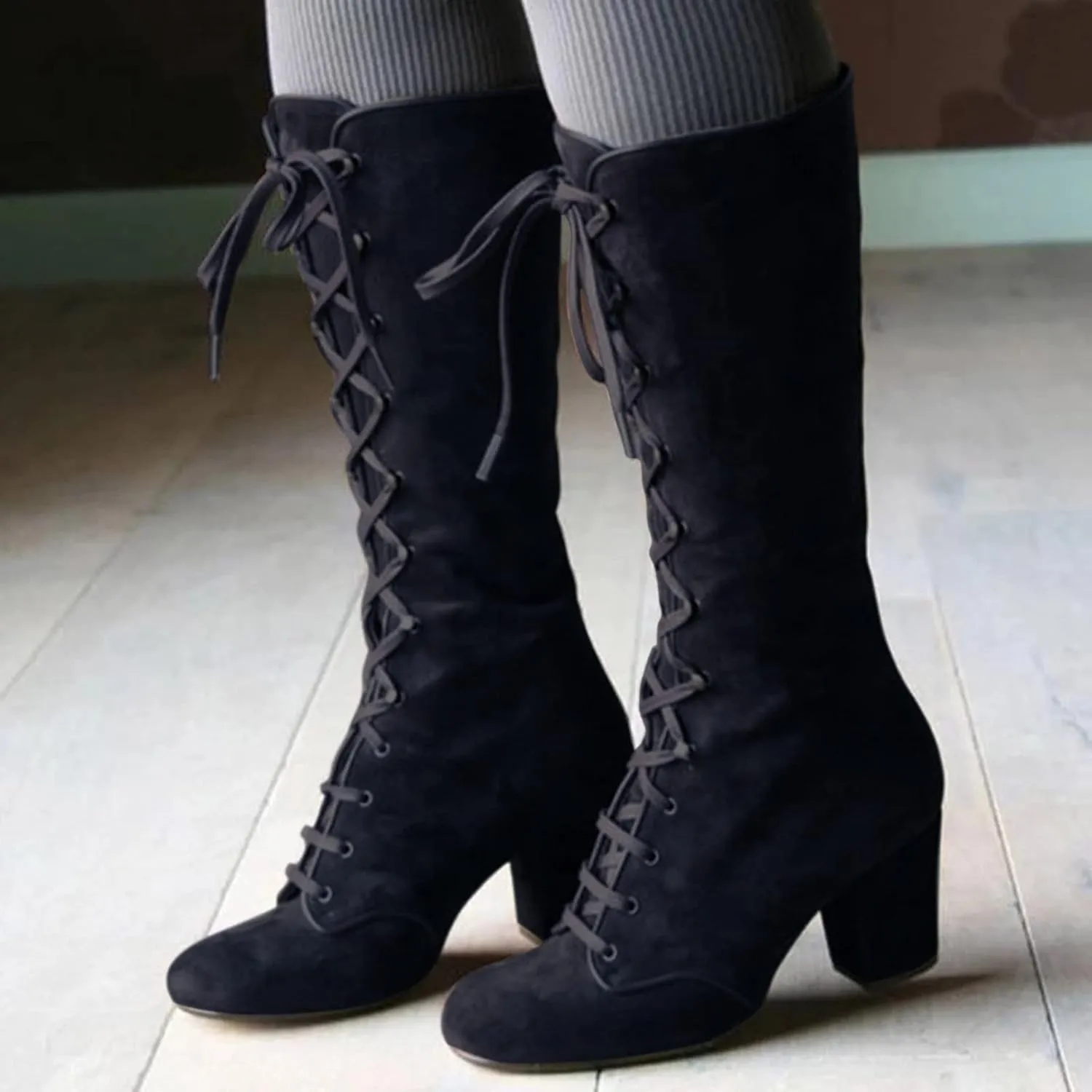 Knee High Boots Women Riding Boots for Women Lace Up Extra Wide Calf Boots Mid Chunky Heel Round Toe Booties Fashion Faux Suede Winter Boot Comfort Slouchy Bootie for Christmas Party Travel