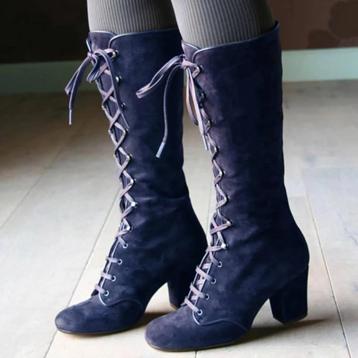 Knee High Boots Women Riding Boots for Women Lace Up Extra Wide Calf Boots Mid Chunky Heel Round Toe Booties Fashion Faux Suede Winter Boot Comfort Slouchy Bootie for Christmas Party Travel