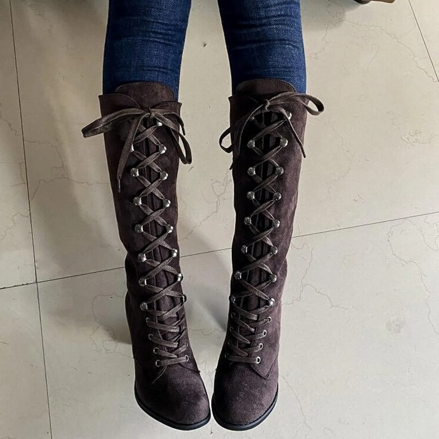 Knee High Boots Women Riding Boots for Women Lace Up Extra Wide Calf Boots Mid Chunky Heel Round Toe Booties Fashion Faux Suede Winter Boot Comfort Slouchy Bootie for Christmas Party Travel