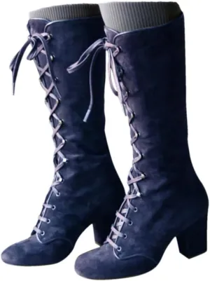 Knee High Boots Women Riding Boots for Women Lace Up Extra Wide Calf Boots Mid Chunky Heel Round Toe Booties Fashion Faux Suede Winter Boot Comfort Slouchy Bootie for Christmas Party Travel