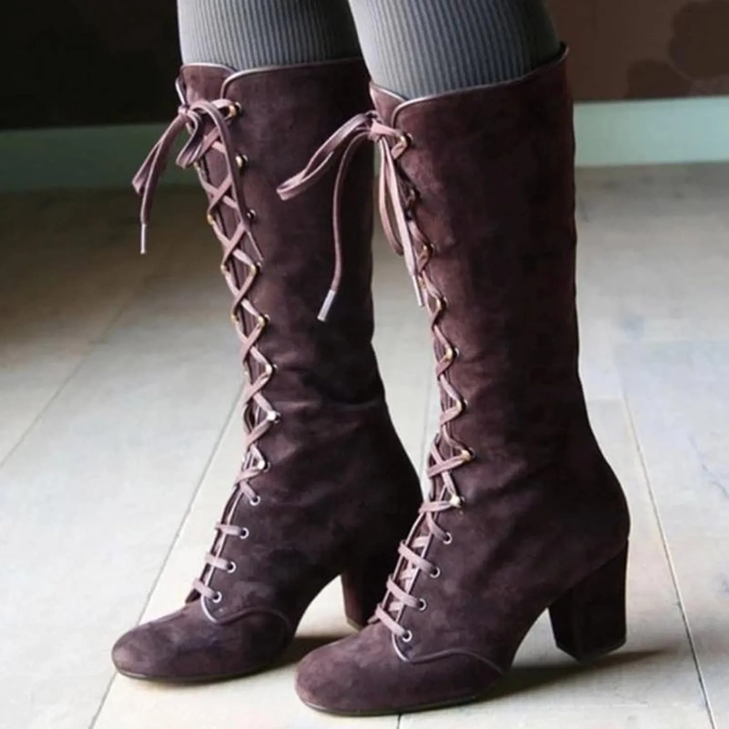Knee High Boots Women Riding Boots for Women Lace Up Extra Wide Calf Boots Mid Chunky Heel Round Toe Booties Fashion Faux Suede Winter Boot Comfort Slouchy Bootie for Christmas Party Travel