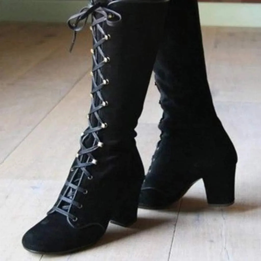 Knee High Boots Women Riding Boots for Women Lace Up Extra Wide Calf Boots Mid Chunky Heel Round Toe Booties Fashion Faux Suede Winter Boot Comfort Slouchy Bootie for Christmas Party Travel