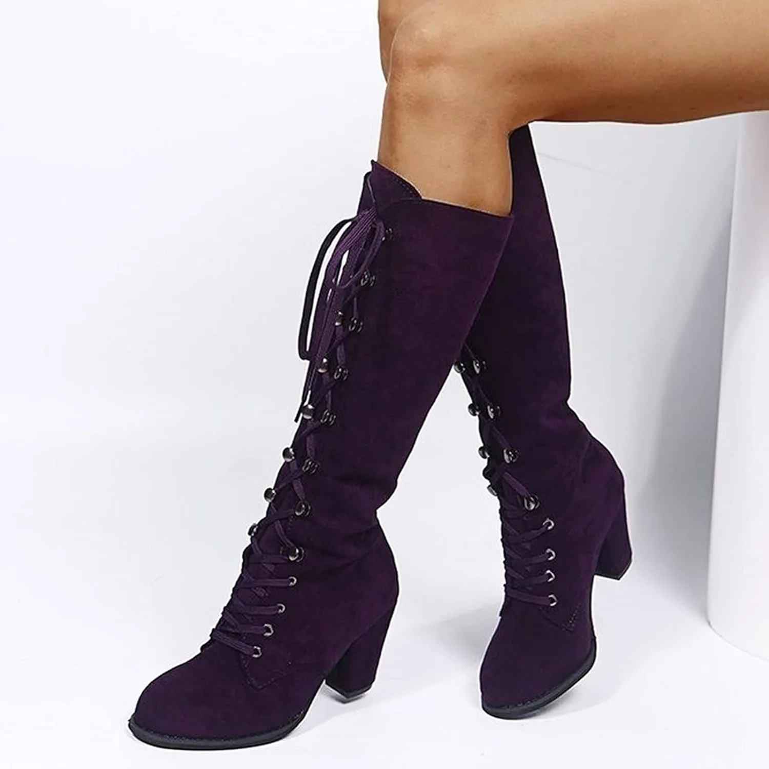 Knee High Boots Women Riding Boots for Women Lace Up Extra Wide Calf Boots Mid Chunky Heel Round Toe Booties Fashion Faux Suede Winter Boot Comfort Slouchy Bootie for Christmas Party Travel