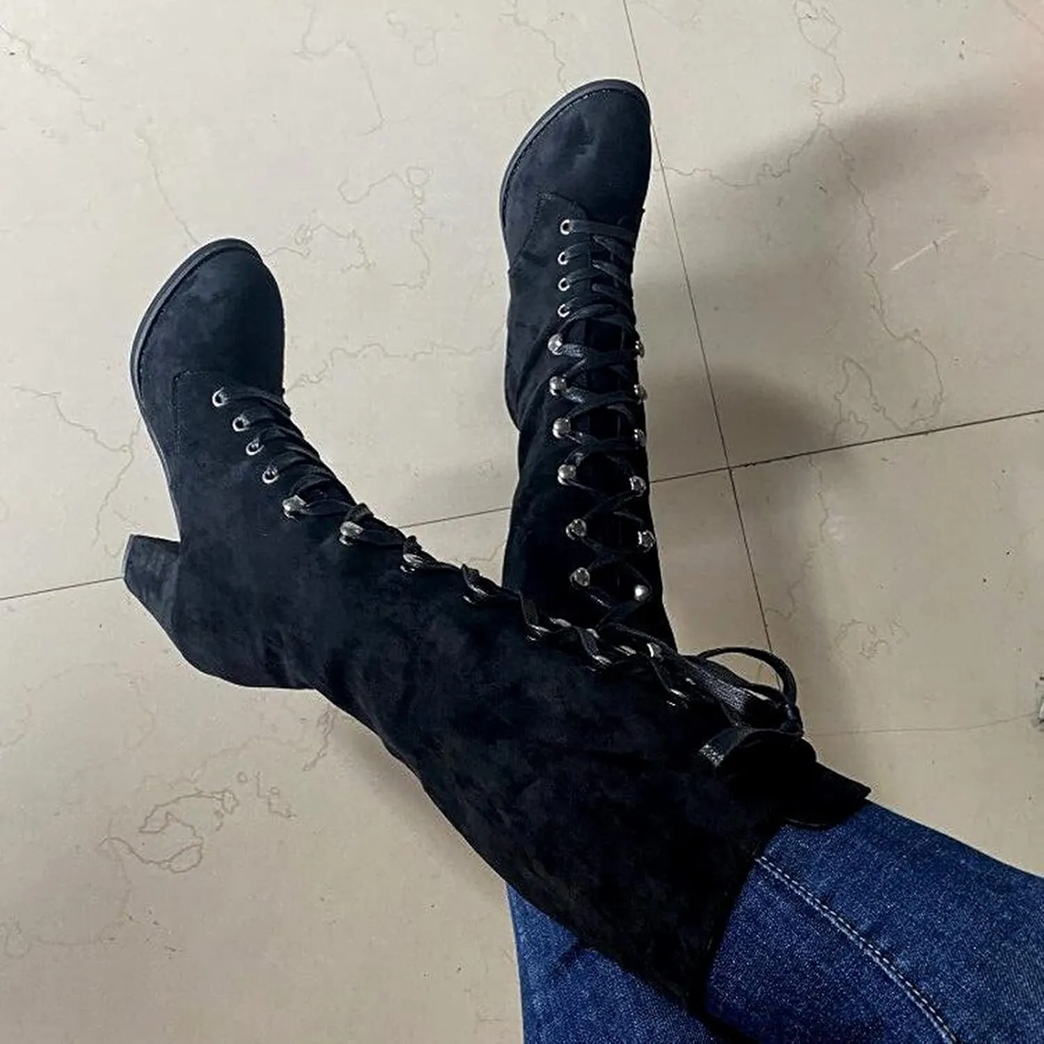 Knee High Boots Women Riding Boots for Women Lace Up Extra Wide Calf Boots Mid Chunky Heel Round Toe Booties Fashion Faux Suede Winter Boot Comfort Slouchy Bootie for Christmas Party Travel