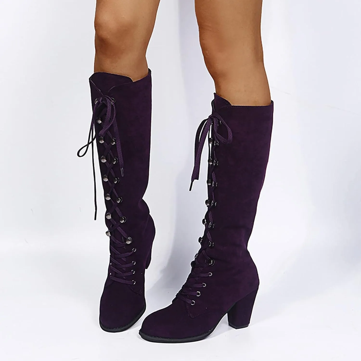 Knee High Boots Women Riding Boots for Women Lace Up Extra Wide Calf Boots Mid Chunky Heel Round Toe Booties Fashion Faux Suede Winter Boot Comfort Slouchy Bootie for Christmas Party Travel